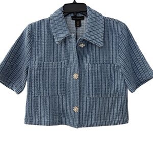 NWT House of Harlow Blue Denim Short Sleeve Cropped Jacket Tweed Cotton Top XS